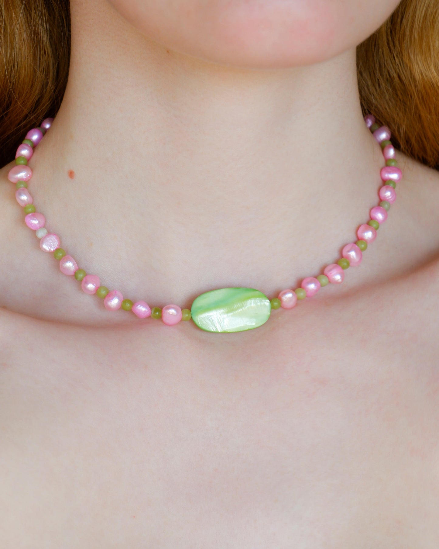 pink pearl and green shell and stone necklace
