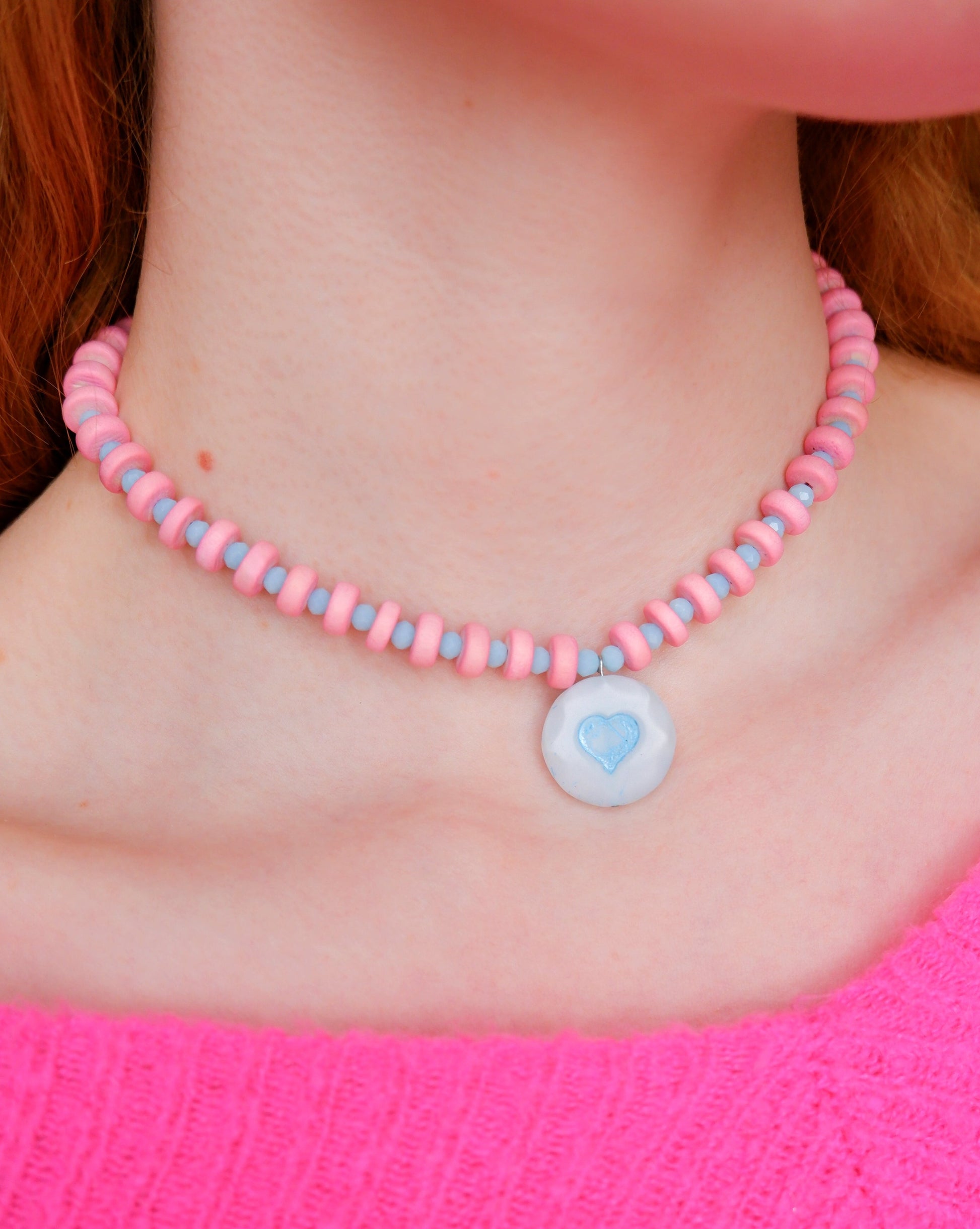 blue and pink candy heart necklace