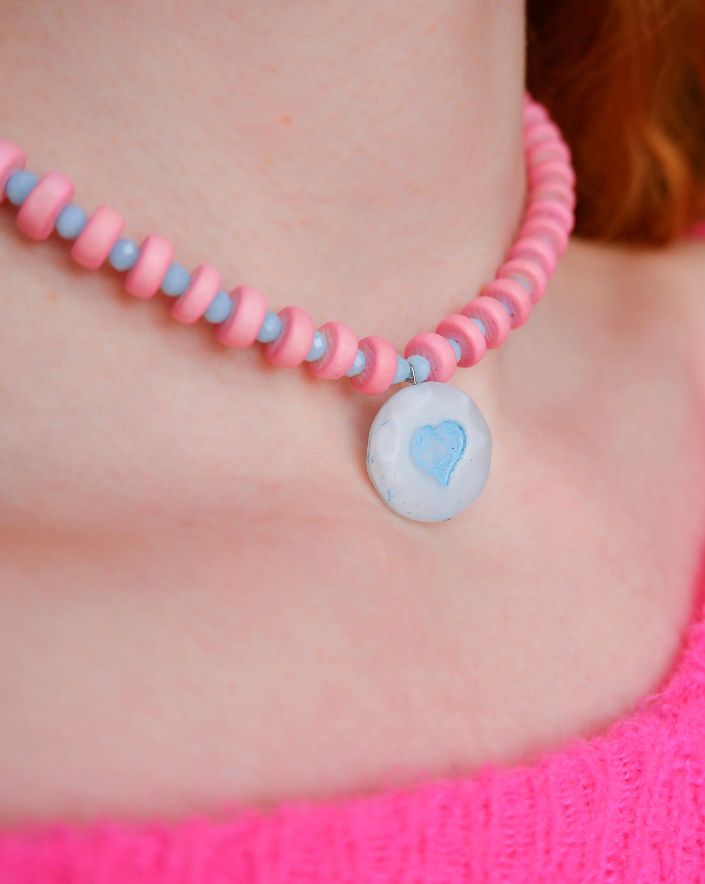 blue and pink candy heart necklace