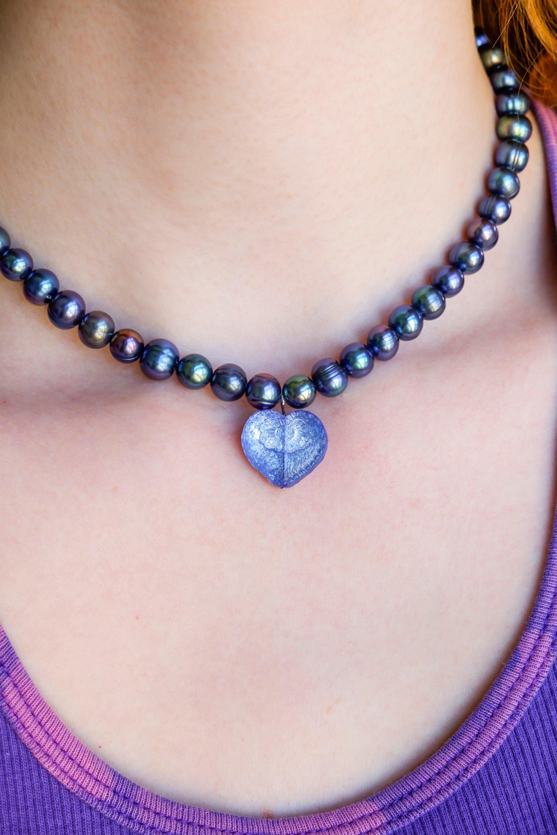 peacock pearl necklace with czech glass heart pendant