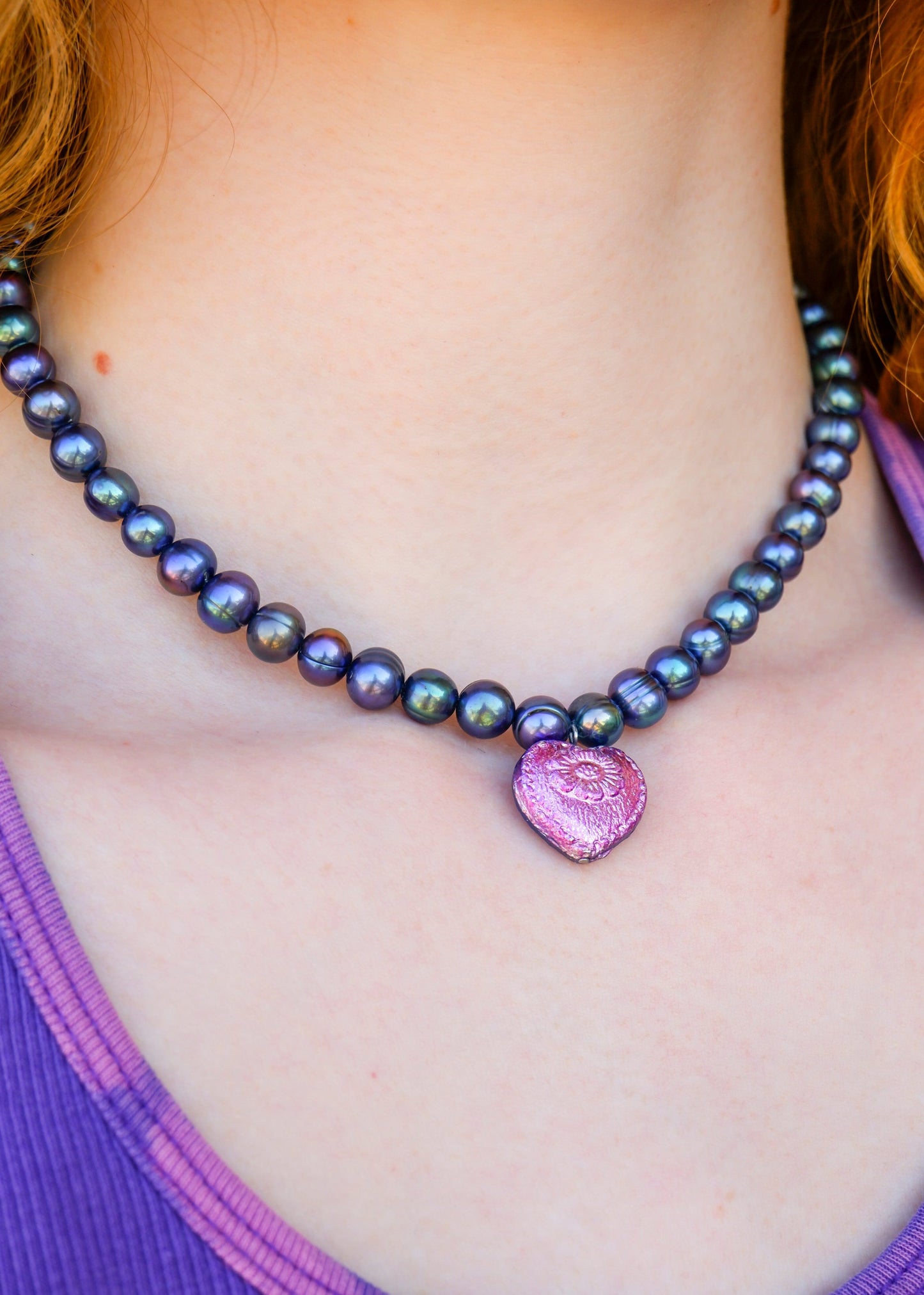 peacock pearl necklace with czech glass heart pendant