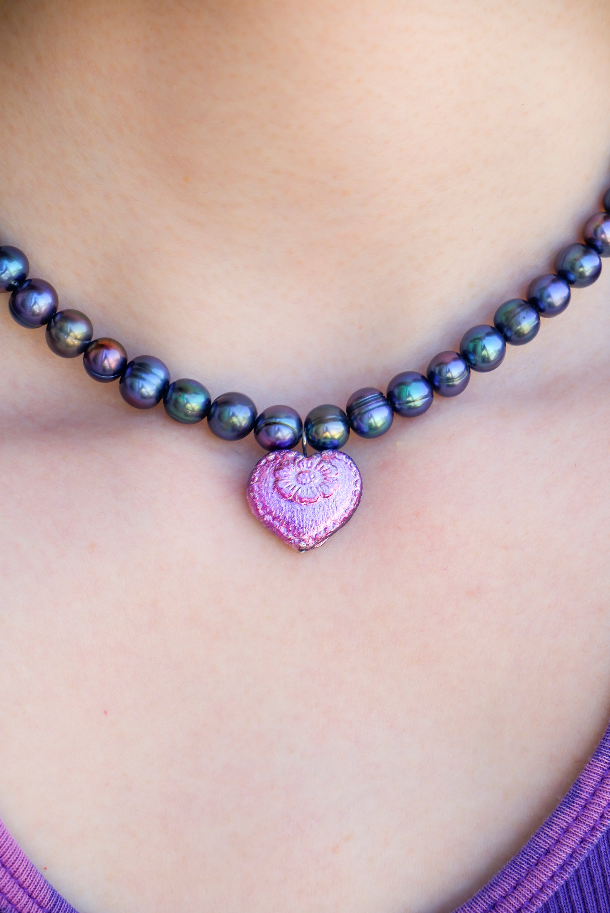 peacock pearl necklace with czech glass heart pendant