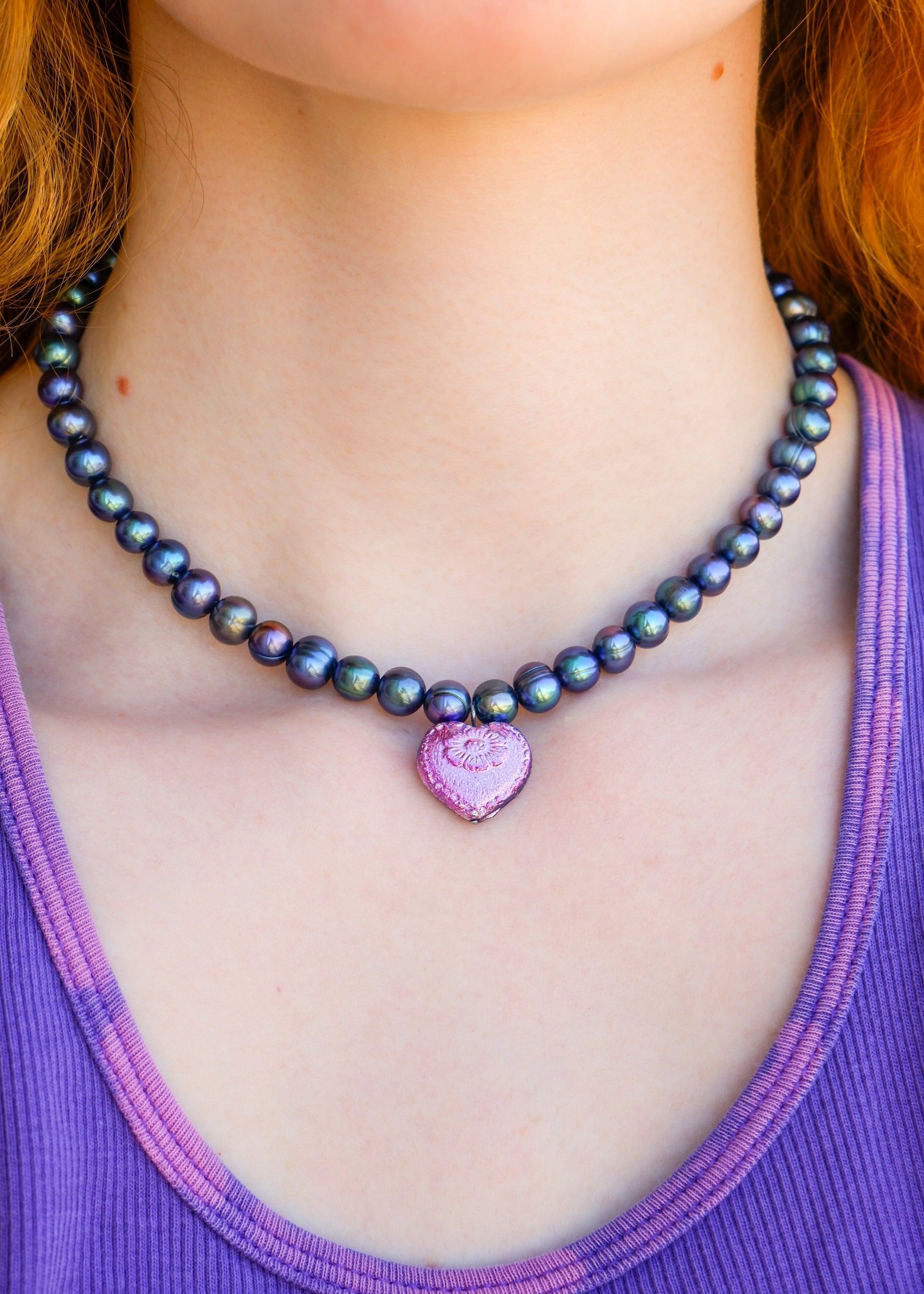 peacock pearl necklace with czech glass heart pendant