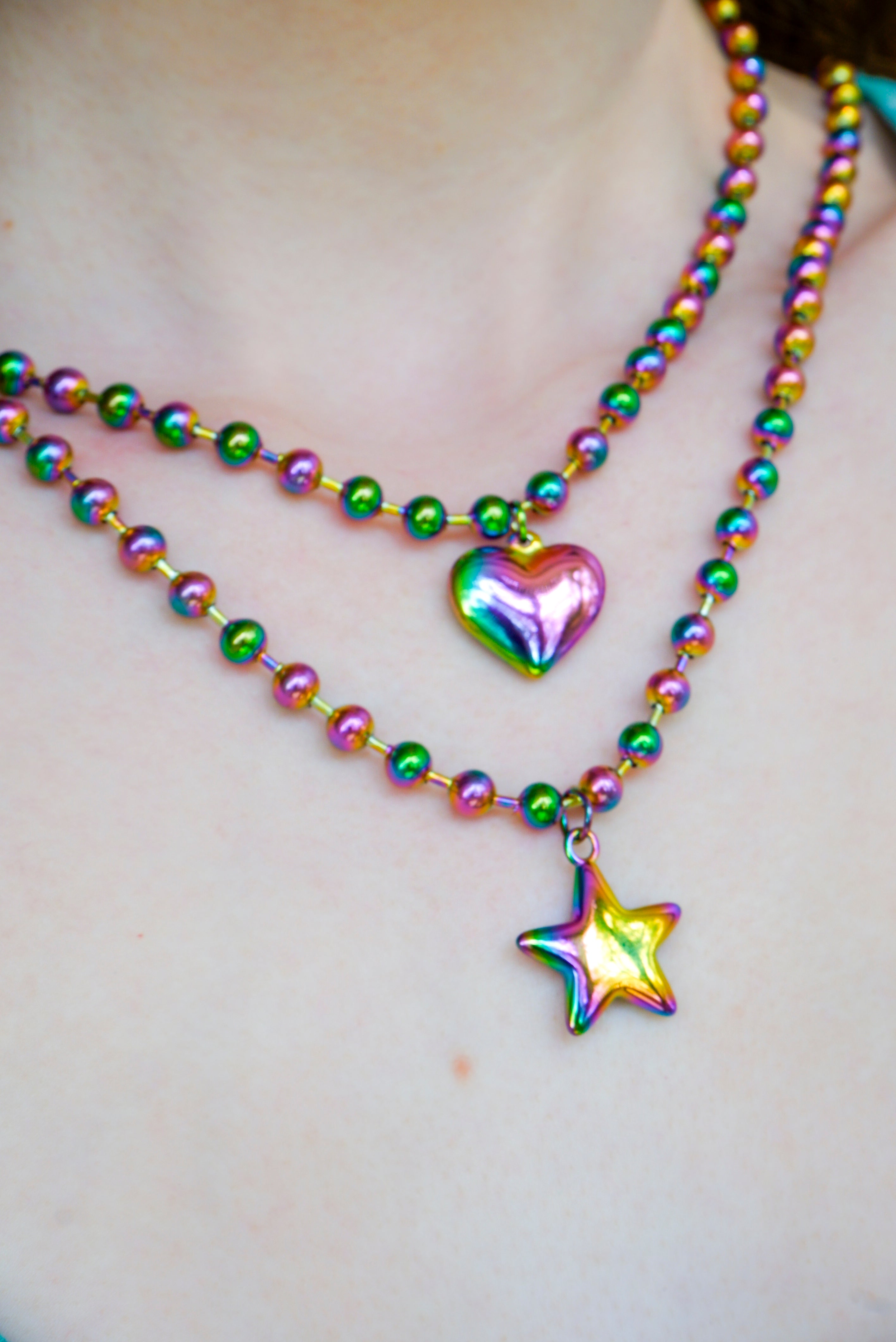 ●VVV● Rainbow Unbalanced Heart Bead Chain Necklace 25SSNK1 Rainbow Unbalanced Heart Bead Chain Necklace - VVV브이브이브이
