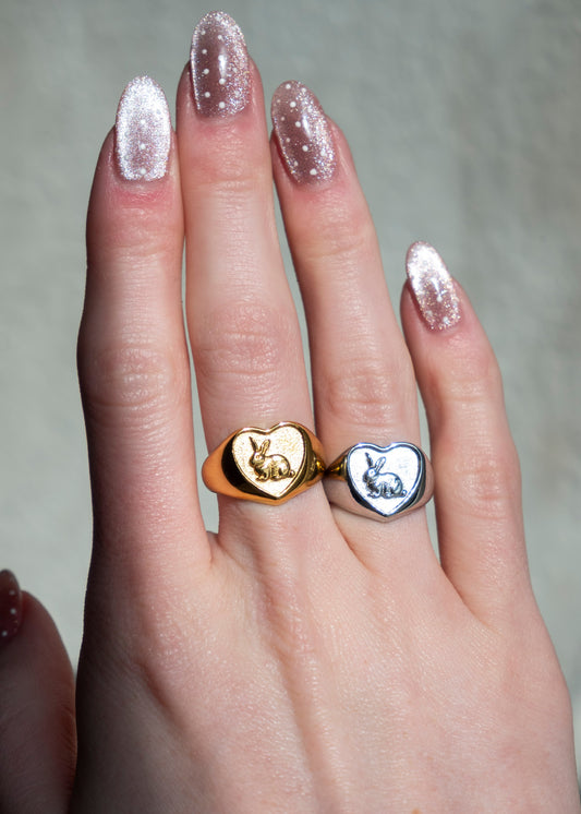 heart shaped ring with a bunny inside