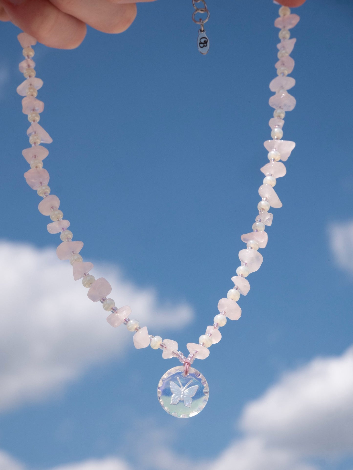 Vintage Butterfly Pendant Necklace w/ Rose Quartz