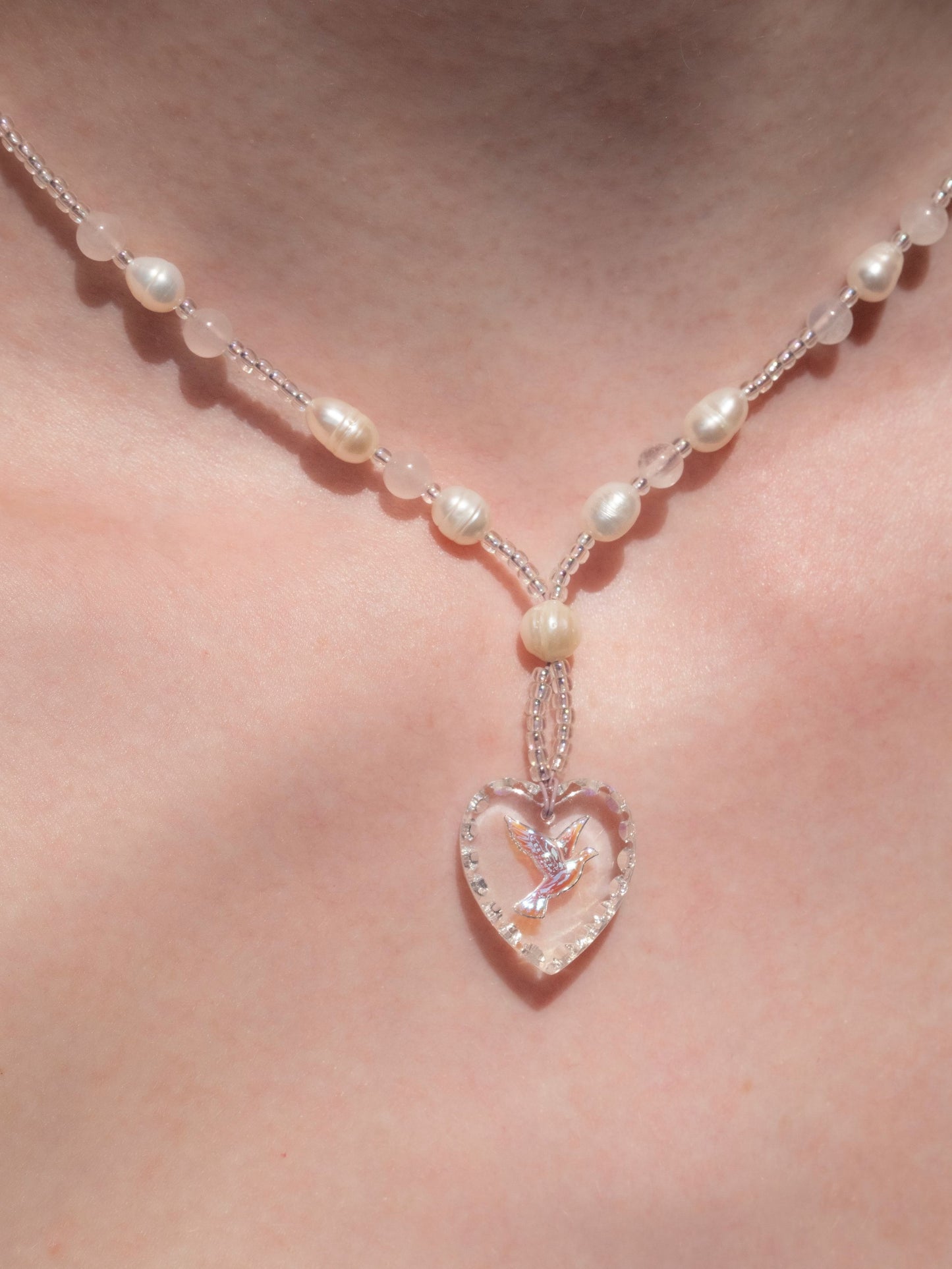 Vintage Dove Pendant Necklace w/ Pearls & Rose Quartz