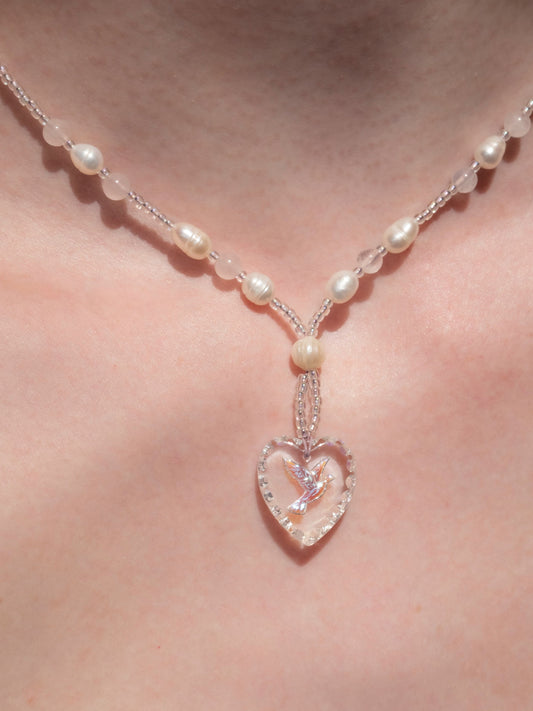 Vintage Dove Pendant Necklace w/ Pearls & Rose Quartz