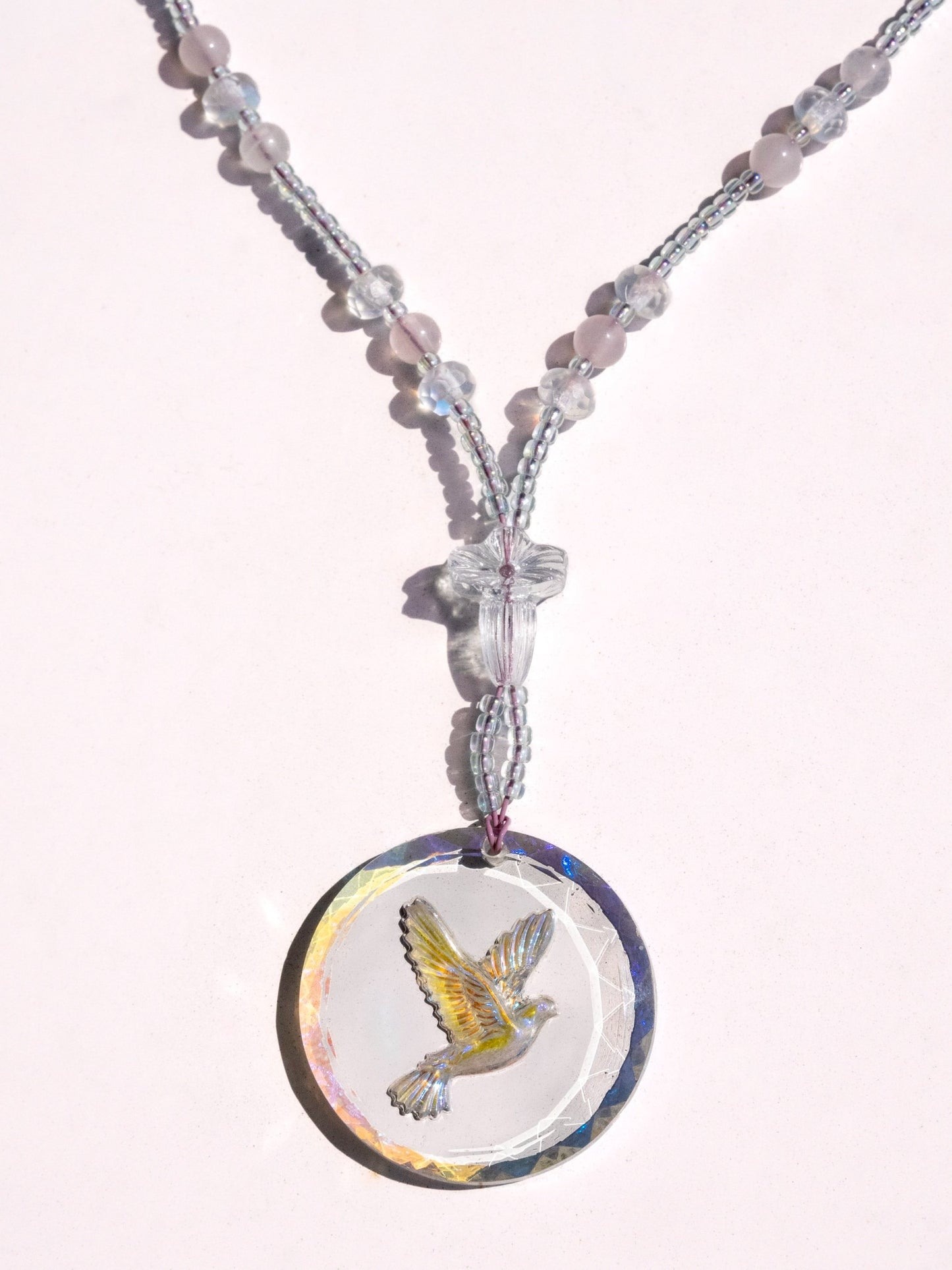 Vintage Dove and Flower Pendant Necklace w/ Rose Quartz