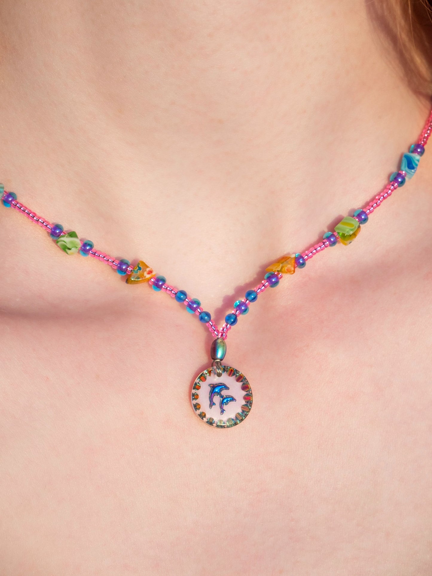 Vintage Dolphins Pendant Necklace w/ Millefiori Glass & Vintage Beads