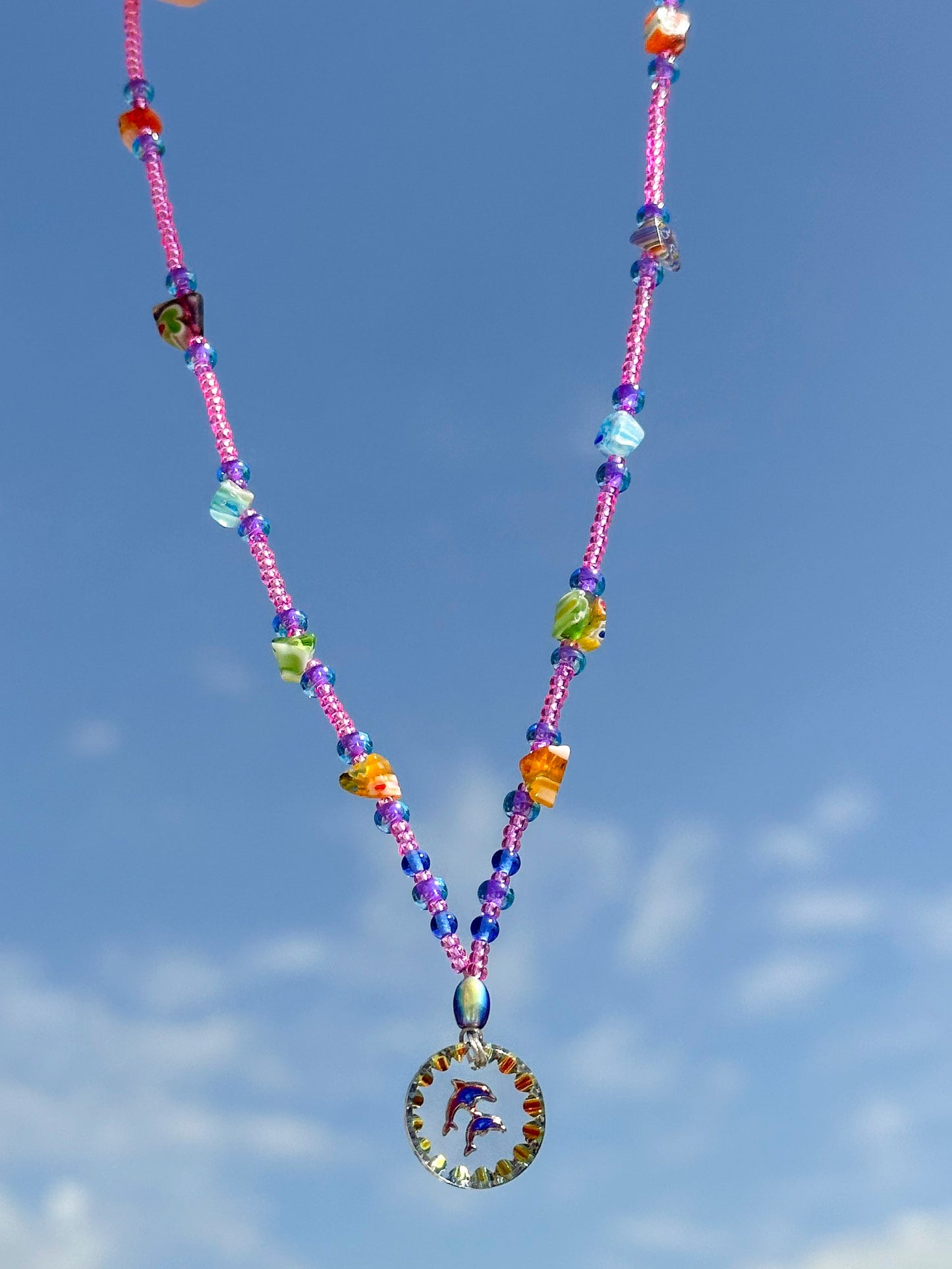 Vintage Dolphins Pendant Necklace w/ Millefiori Glass & Vintage Beads